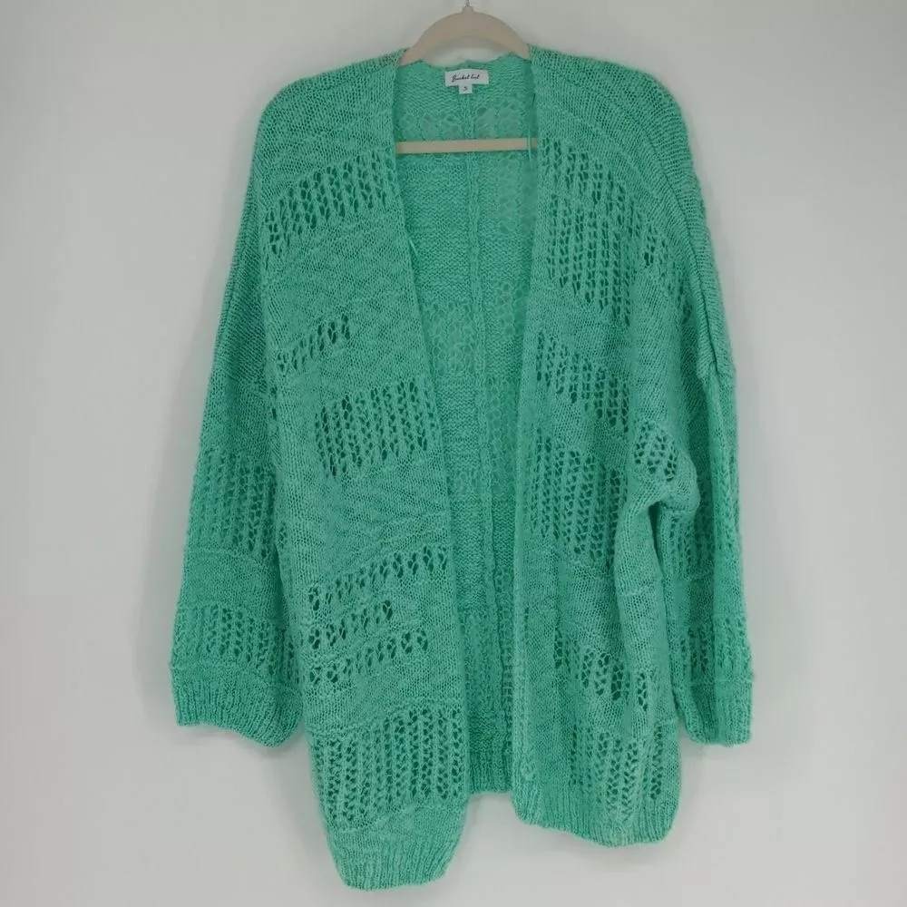 Bucket List Open Knit Cardigan‎ Lightweight Cozy Green Oversized Sweater Small